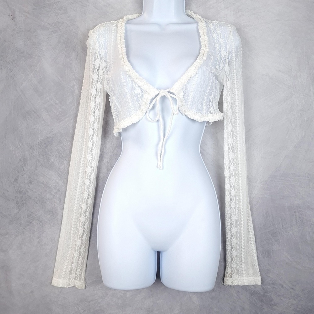 Tiger Mist Top Womens XS White Floral Lace Sheer Cropped Tie Front Fairycore